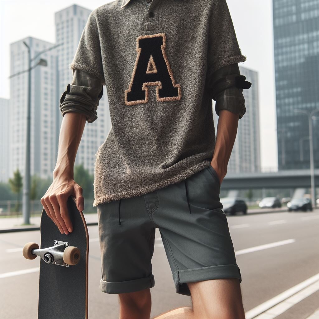 A skateboarder wearing the letter A as chenille letter patch