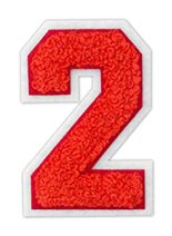 Large chenille number 2 with red yarn and white single felt border