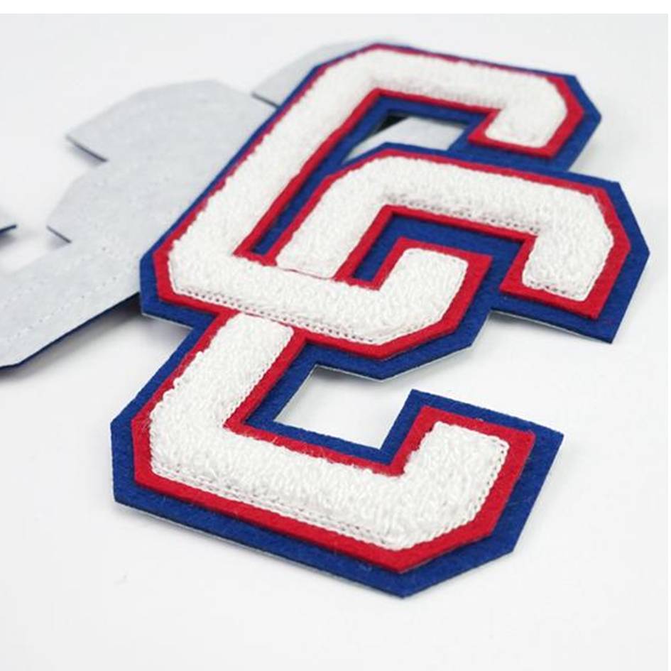 Custom made chenille Letter varsity patch with blue red and white triple felt borders