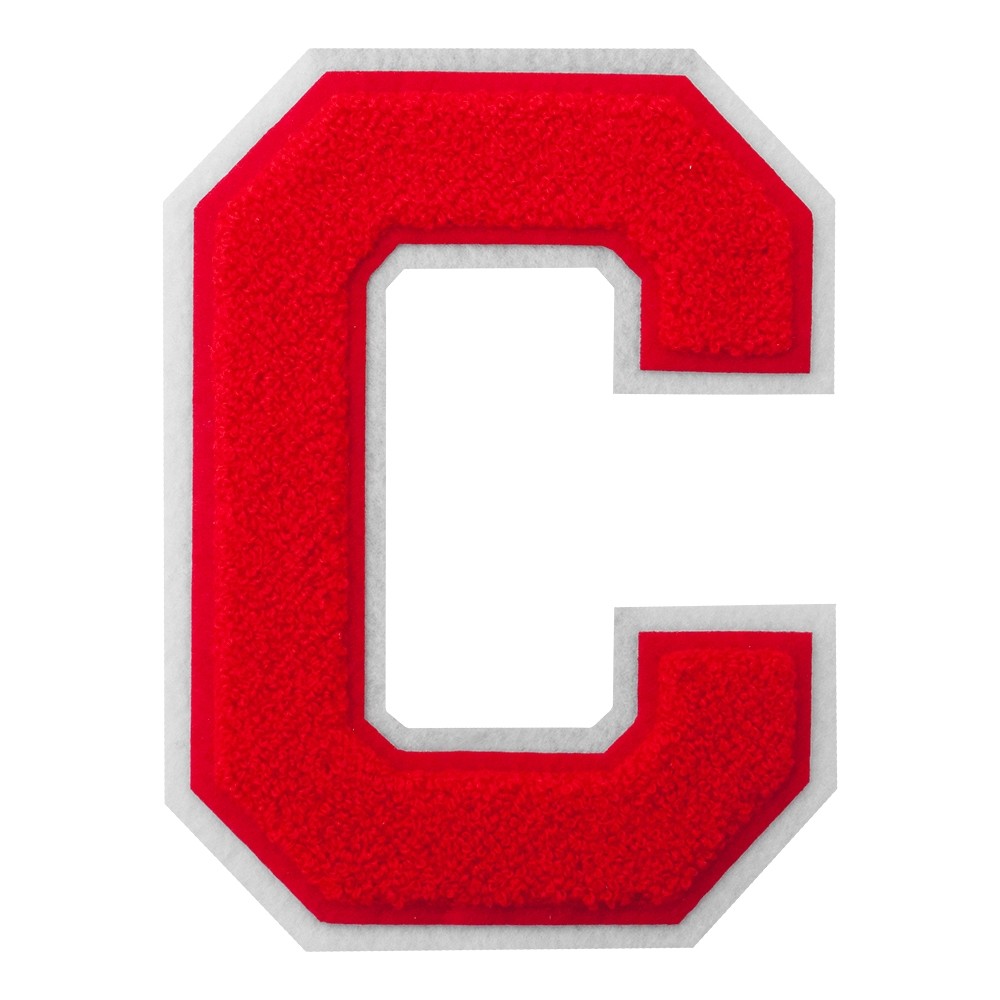 Red yarn with white felt border custom made chenille varsity patch of the letter C