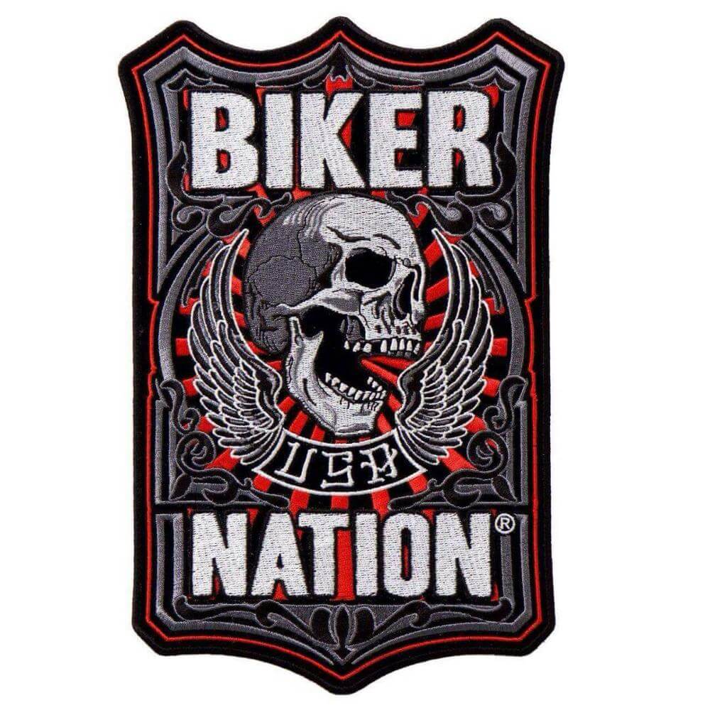 Biker nation custom embroidered patch with stitched borders on cut to shape design