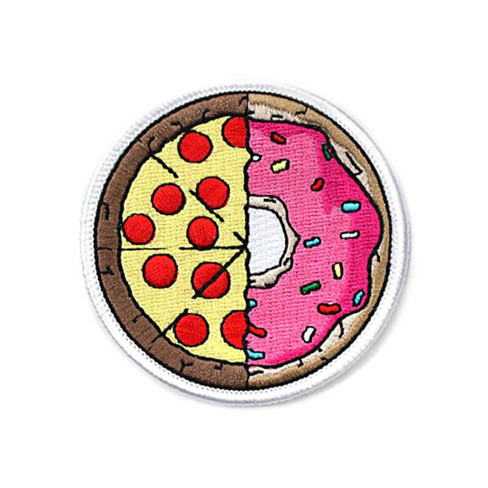 circle custom embroidered patch with split doughnut and pizza design with white merrow border
