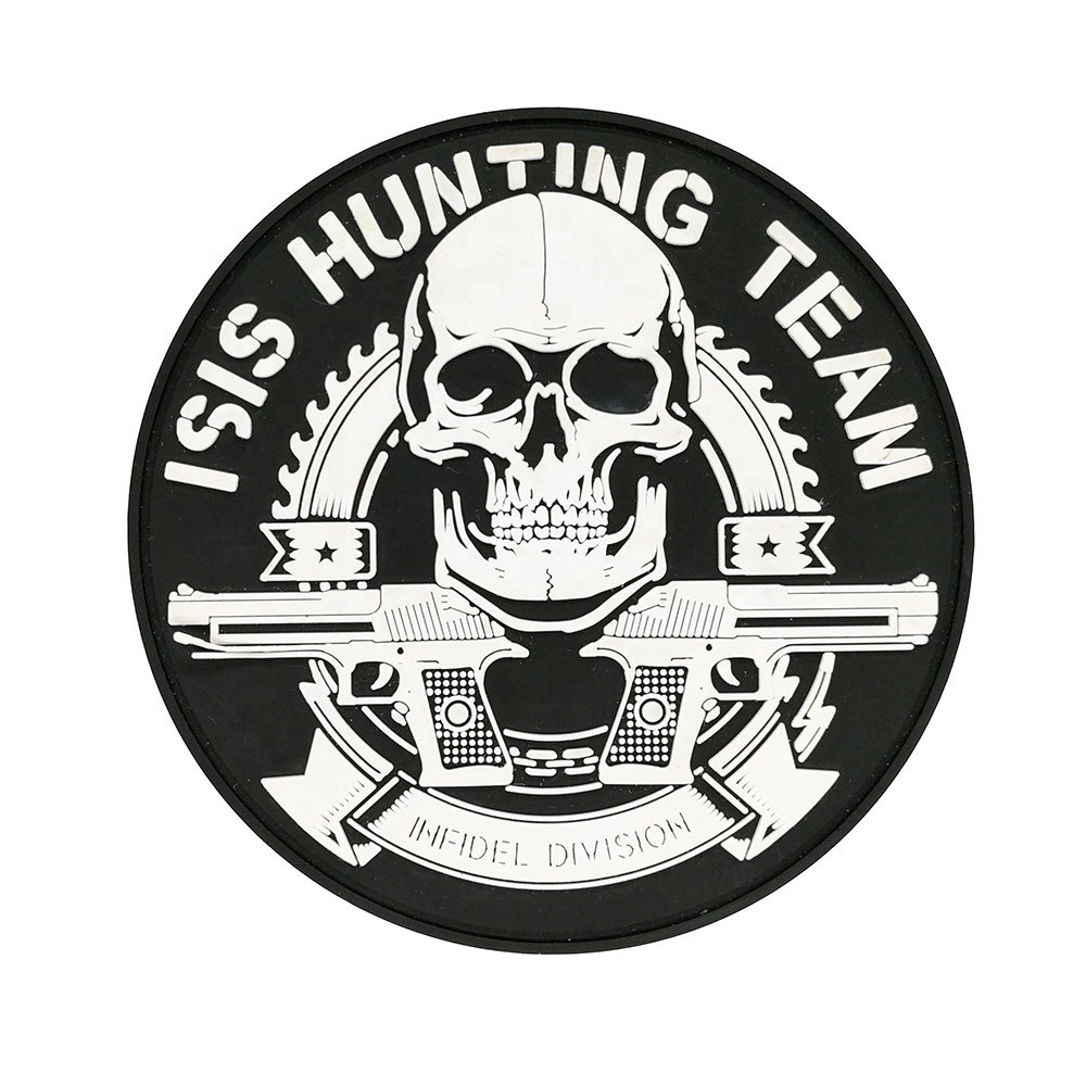 black and white custom 2D pvc patch with skull and beretta guns