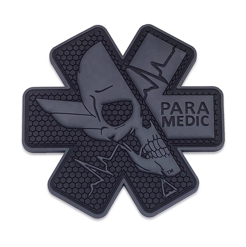 black and dark gray custom 3D pvc patch for paramedics with skull and vital signs