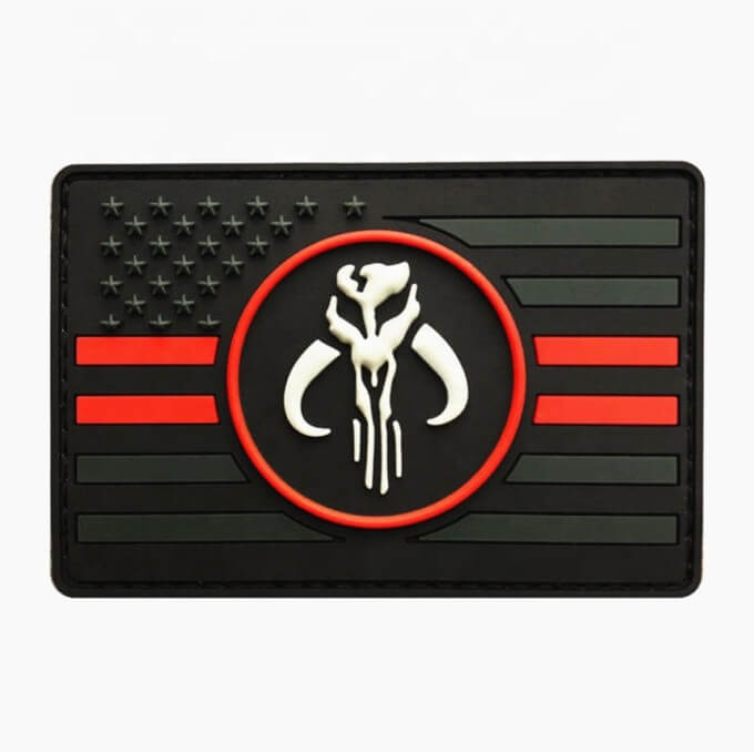 gray and black pvc patch of US flag with two red stripes in center