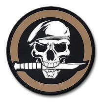custom made pvc patch of a skull wearing a beret with knife in mouth custom made pvc patch of a skull wearing a beret with knife in mouth